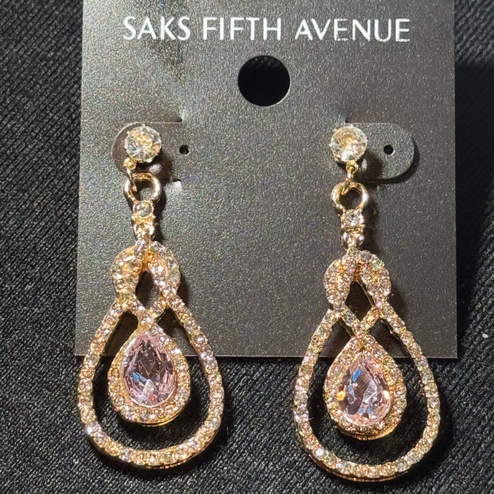 Saks Fifth Avenue Pink Crystal Gold Statement Earrings 2in